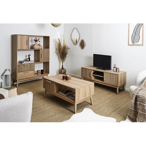 Altobuy – Ensemble de meubles de salon – Table basse 100x50xH43cm – Meuble TV 117x40xH48cm – Bibliothèque 100x35xH140cm – Style Japandi