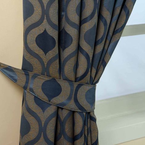 HOMESCAPES Blue Modern Wave Jacquard Curtain Tie Back Pair