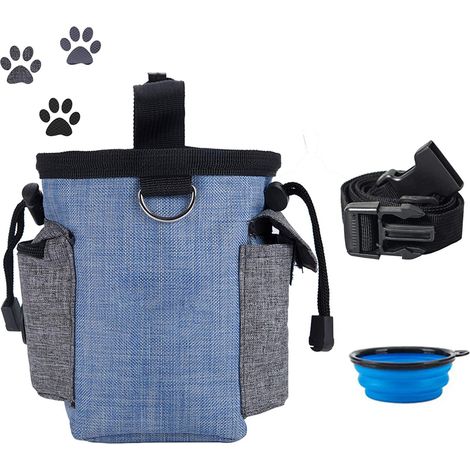 Sac d'entraînement pour chien avec bandoulière, distributeur de sacs à déjections et gamelle pliable. Idéal pour ranger friandises, croquettes et jouets pour votre animal.