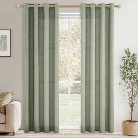 Rideau Voilage en Lin Translucide pour Salon Moderne 140x215 CM Lot de 2 Panneaux de Rideaux Voilages Intérieurs à Oeillets Rideau Voile Vert Sauge pour Porte Fenetre Chambre Adulte (1/5)