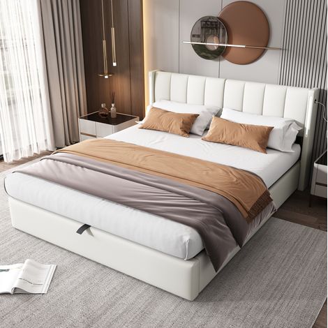 Cama con almacenaje 160x200 cm blanca en PU impermeable con LED, USB-C y cabecero ajustable (1/5)