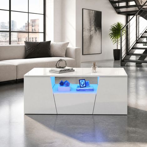 Mesa de centro con LED 100 x 50 x 40 cm, acabado brillante, 2 armarios, 1 cajón, blanco DESVIAE (1/5)