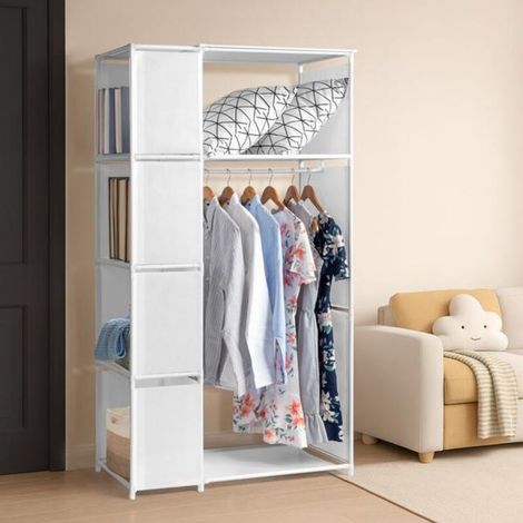 Armoire suspendue à double tringle et 4 niveaux, avec rideaux et compartiments de rangement – Penderie en tissu non tissé (88,5 x 44,5 x 162,5 cm, Blanc) (1/3)