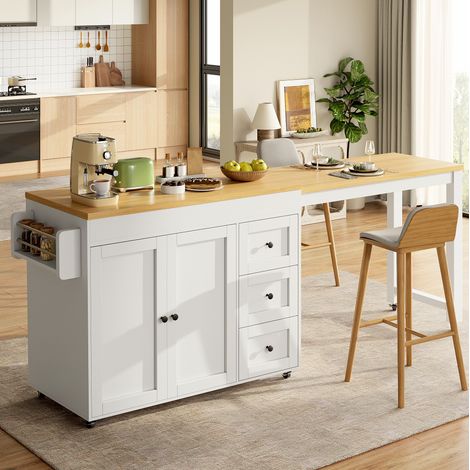Meuble de bar Îlot de cuisine extensible 116-179,5 cm avec rangement, 3 tiroirs, roulettes, MDF et métal, blanc (1/5)