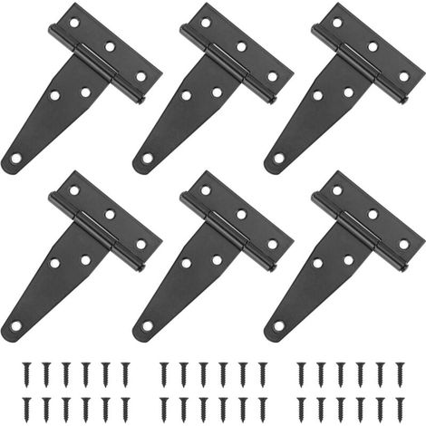 6pcs Charnière en T Noires Charnières de Portes en T Lourde en Fer Galvanisé, 75 mm, avec Vis de Montage, pour Portes de Grange, Portail en Bois et Fenêtre, Abris de Jardin (1/4)