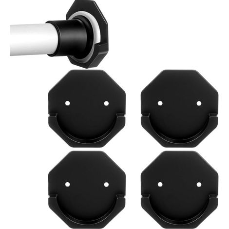 2 pares de soportes de pared para barra de cortina de ducha, no requieren taladrar, soportes hexagonales, negros, para baño. (1/5)