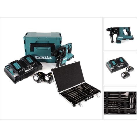 Makita DHR 280 PMJ Brushless Akku Bohrhammer 28 mm 2x 18 V für SDS-PLUS im Makpac + 2x 4,0 Ah Akku + Doppelladegerät + 17tlg. Bohrer und Meißel Set