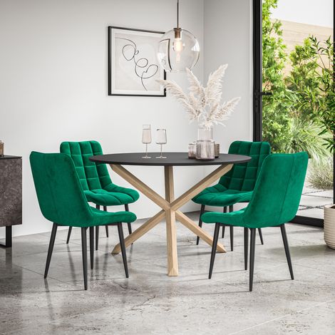 Malvern Round Dining Table And Chairs - Black Table Top w Solid Oak Legs + Nova Velvet Dining Chair Set Of 4 (Green) (1/5)