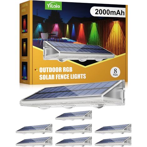 Lot de 8 lampes solaires d'extérieur de 2000 mAh, 7 couleurs et 8 modes d'éclairage, étanchéité IP67, lumières de clôture RVB pour jardin, terrasse, balustrade, piscine, porche (1/5)