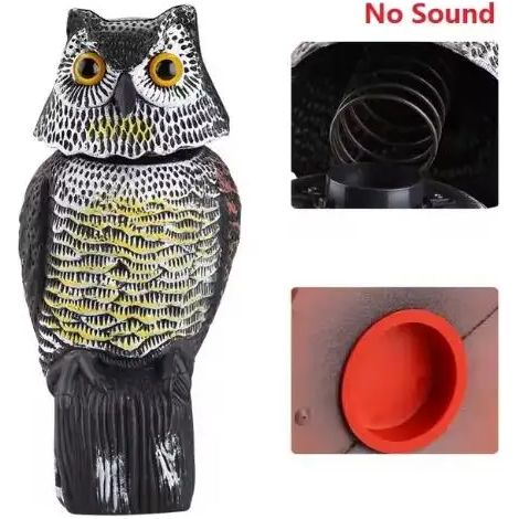 (Sans son) Fausse chouette en plastique avec tête rotative et son, idéale pour repousser les oiseaux dans le jardin ou la cour. (1/4)