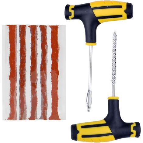 Kit de reparación de neumáticos para coche/moto de 7 piezas, kit de reparación de pinchazos para neumáticos sin cámara, repara pinchazos en coches y motos, incluye 5 tapones, 1 herramienta en T espira (1/5)