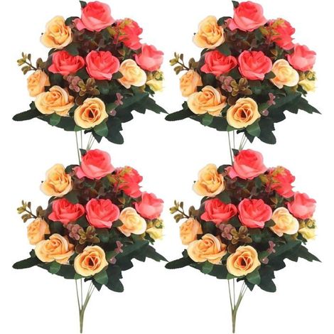 Fleurs de cimetière pour tombe 4 bouquets de fausses roses 30 cm fleurs artificielles pour tombes 12 têtes de fleurs fleurs