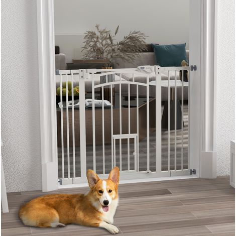 Barriera di sicurezza per cani 74-100 cm con gattaiola, chiusura automatica, bianca DESVIAE (1/5)