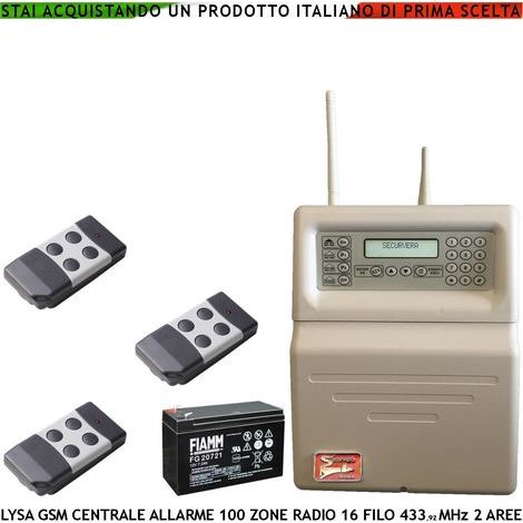 Centrale Antifurto Radio Filo Lysa GSM 2 Radiocomandi 100 Zone Radio 433,92 MHz Batteria 12 V 7 Ah 16 Zone Filo 3 Aree Memoria Eventi Sidra App Android Codici Utente e Tecnico GSM Ascolto Ambientale (1/5)