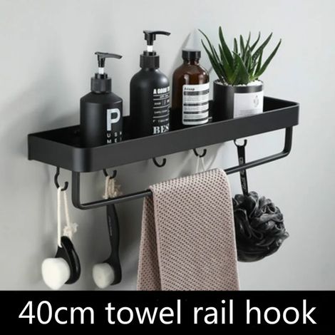 (Crochet porte-serviettes 40 cm) Étagère de salle de bain sans perçage, rangement de douche, étagères d'angle noires, fixation murale en aluminium, porte-shampoing WC (1/5)