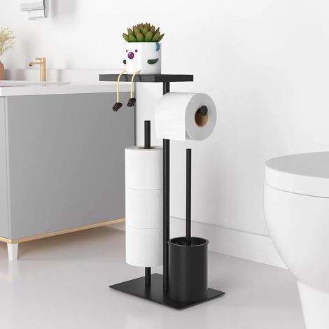 Porte-papier toilette sur pied avec brosse intégrée - Porte-papier toilette en acier inoxydable avec plateau et brosse intégrée (1/5)