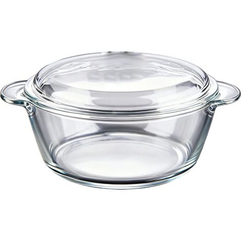 Plat à gratin en verre, adapté au micro-ondes, facile à saisir, rond, en verre transparent, avec couvercle, pour la cuisson, à bord plat,1L (1/5)