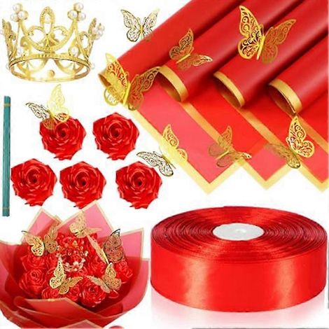 74 Bouquets de roses artificielles à faire soi-même avec ruban décoratif, ruban satiné de 2,5 à 30 cm avec bordure dorée, papier cadeau rouge (1/5)