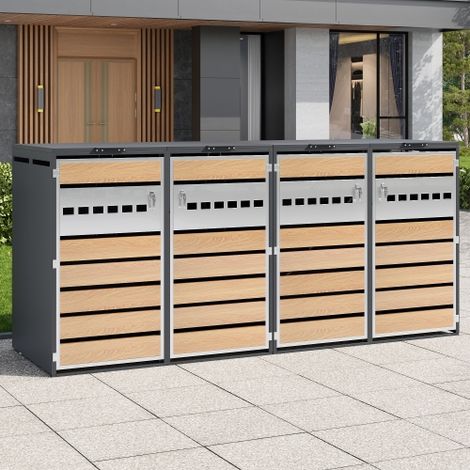Mülltonnenbox, mit Klappdeckel, trash storage compartments,Abschließbar, Vier Türen,Horizontale Holzmaserungsblöcke