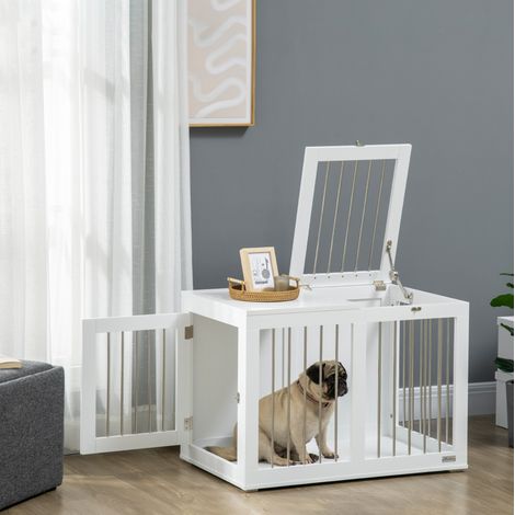 Cuccia da interno per cane 80 x 50 x 56,5 cm, 2 porte bloccabili, MDF e acciaio, bianco DESVIAE (1/5)