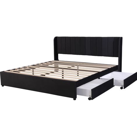 Lit capitonné 180 x 200 cm en velours noir avec sommier, tête de lit et 2 tiroirs (1/5)