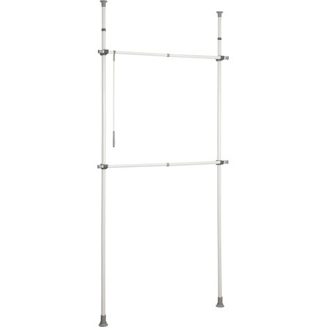 Portant vêtement téléscopique Dressing sur Mesure Basic Garde Robe 2 tringles 1 Crochet Solution sans perçage Réglable Longueur et Hauteur Acier 75-120x165-300x11cm Blanc