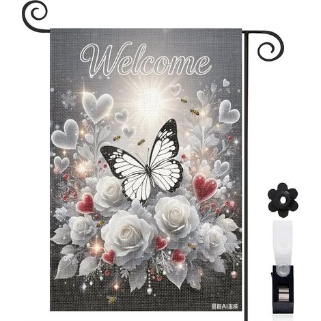 Drapeau de jardin bienvenue 30 x 45 cm motif floral et papillon design naturel toile double face pour décoration extérieure (1/5)