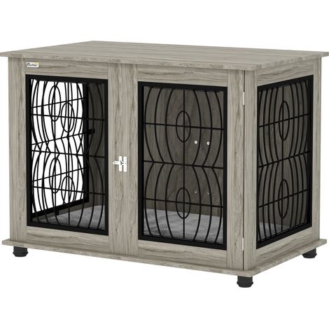 Indoor Dog Crate Furniture End Table  Soft Washable Cushion, Lockable Front Door, for Large Dogs - Grey (1/5)