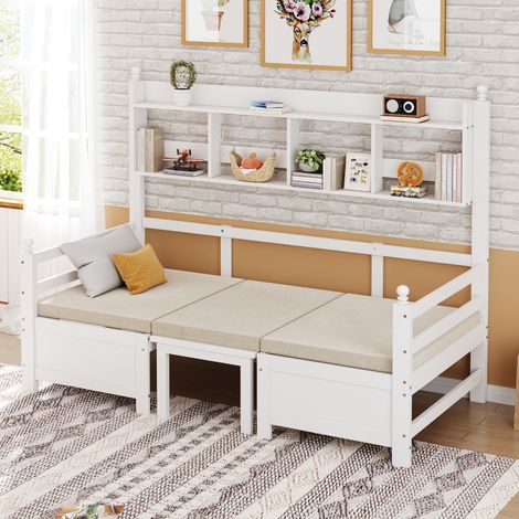 Canapé-lit 2 en 1 bois massif 200 x 90 cm convertible lit + bureau avec étagère, coussins confortables, lit d'appoint blanc (1/4)
