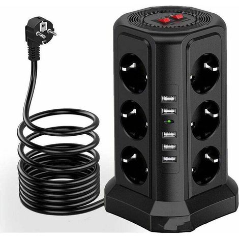 Surge-protected power strip, Power strip with 5 USB ports and 12 sockets, power strip with 3 switches, Black (1/4)