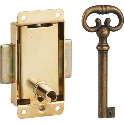 Serrure de meuble en applique pour porte d'ameublement, axe 15mm, 30x50mm, laiton, 1 clé - (1/2)