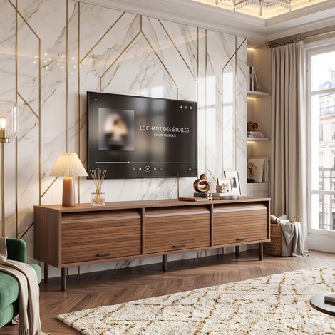 Creahappy Meuble TV Bas 180x40x55 cm - Portes Coulissantes Relevables Gain de Place - Noyer Style Contemporain - Pieds Métal Noir (1/5)