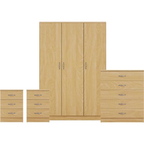 Riano 4 Piece Bedroom Set (3 Drawer Bedside Chest, 5 Drawer Chest, 3 Door Wardrobe), Pine (1/3)
