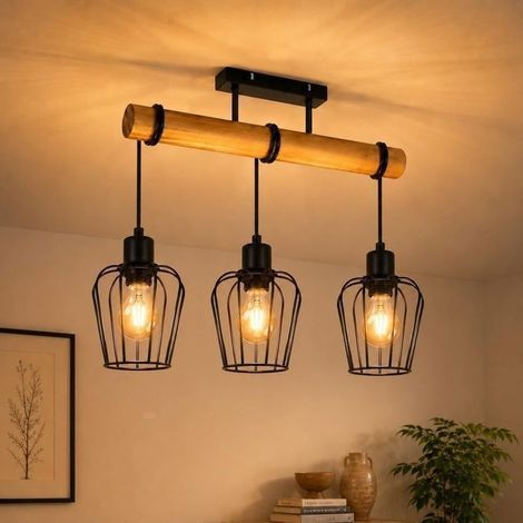 Plafonnier bois métal noir 3 E27 – Luminaire vintage industriel avec hauteur réglable pour salon et restaurant (1/5)