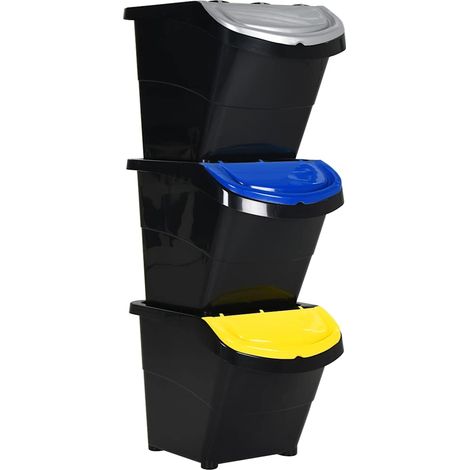 Cubos de basura apilables con tapa 3 uds PP negro 78 L (1/5)