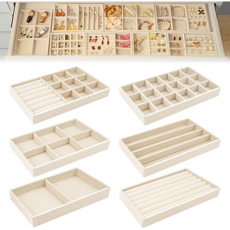 6 Plateaux Bijoux Velours, Plateau Bijoux pour Tiroir Peut Stocker/Afficher des Bijoux, Rangements Bijoux Tiroir a 6 Styles Différentes, Plateau Rangement Bijoux pour Bague/Collier/Bracelet (Beige) (1/5)
