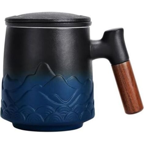 Ceramic Mug with Filter and Lid, Large Infusion Cup with Wooden Handle, Gift (Blue) (1/5)