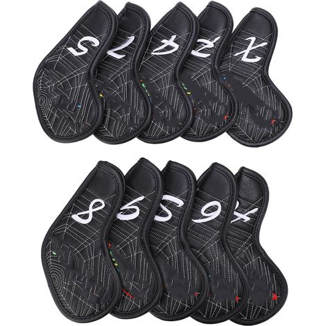 Lot de 10 couvre-putters pour clubs de golf, imperméables en PU avec broderie, pour l'entraînement quotidien, noirs. (1/5)