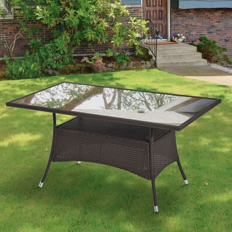 Table de jardin en verre, table à manger, table de jardin, polyrotin et verre de sécurité, marron et noir, 150 x 85 x 74 cm (1/5)