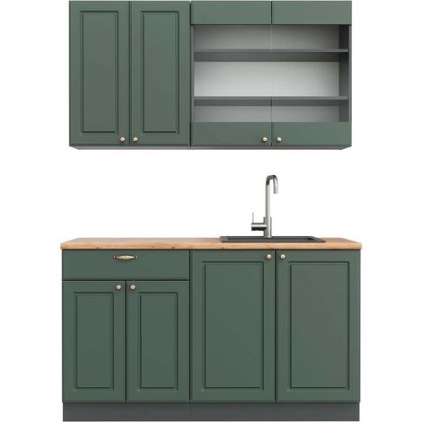 Singleküche Fame-Line, Grün-Gold Landhaus/Anthrazit, 140 cm , AP Eiche, Vicco