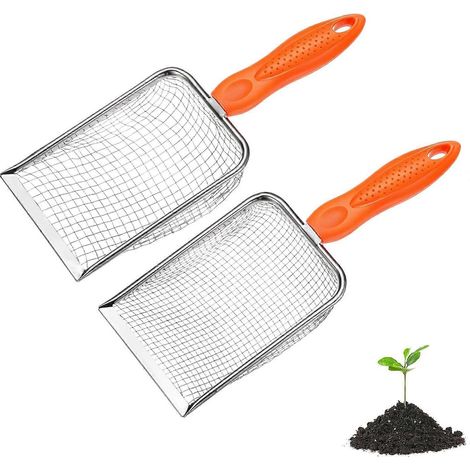 Tamis à terre de jardin METERXITY lot de 2, maille 5/28 mm acier inoxydable, poignée antidérapante, pour sable, terre, cailloux, compost blanc orange (1/5)