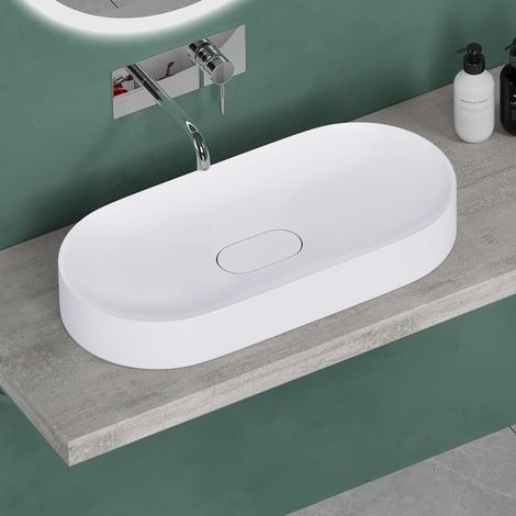 Mai & Mai Lavabo da Appoggio 70x35.5x10cm, Lavandino Bagno Colossum826 Lavabo da Marmo Fuso, Bianco Opaco (1/5)