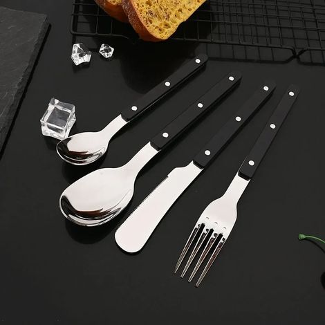 (Noir, ensemble de 4 pièces) Couverts en acier inoxydable avec manches en acrylique, comprenant un couteau, une fourchette et une cuillère, pour une utilisation en cuisine domestique. (1/2)