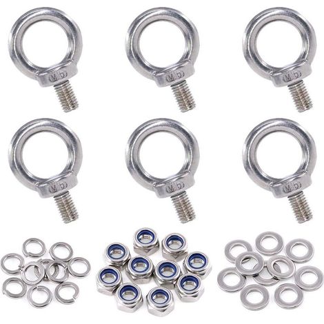 Lot de 36 boulons à œil M6 en acier inoxydable 304 avec filetage mâle M6, comprenant 6 boulons à œil M6 avec 10 écrous de verrouillage, 10 rondelles de verrouillage et 10 rondelles plates (1/4)