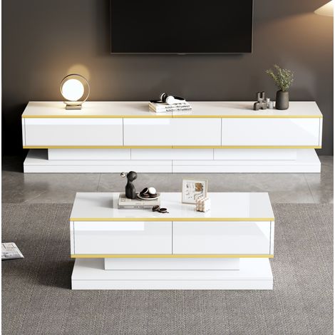 Mueble TV y mesa de centro con cajones y brillo blanco OKMYHOME (1/5)