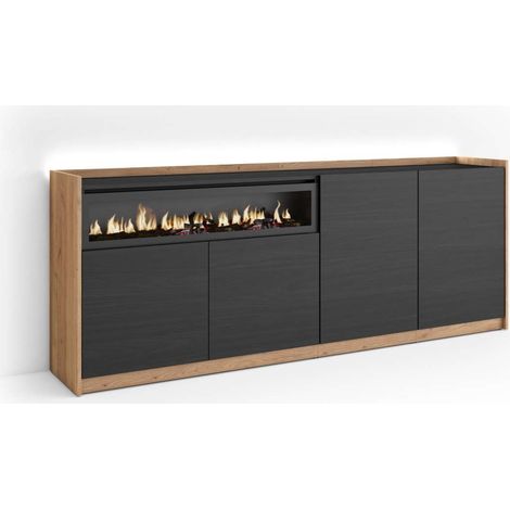 Aparador Almáchar-01 de 207x80x37 cm con 4 puertas, chimenea y luces LED, color negro y roble (1/4)