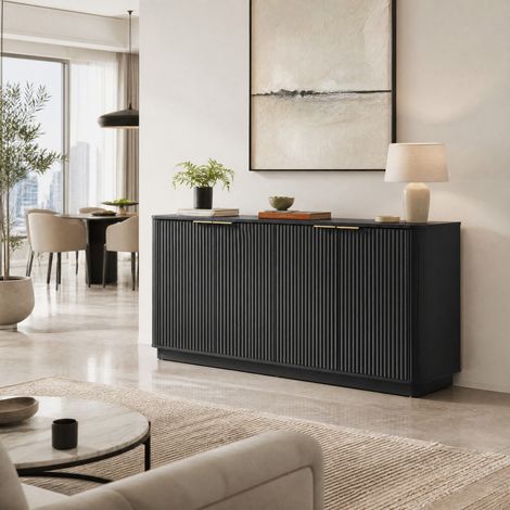 Credenza nera 160 x 40 x 80 cm, frontale scanalato, mobile TV in MDF con ripiani (1/5)
