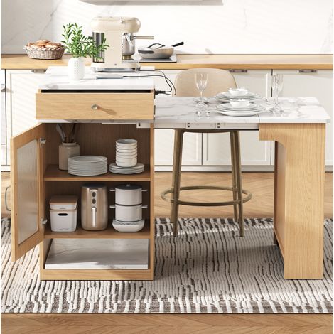 Isola cucina 80x151x92 cm naturale in MDF e vetro con piano estraibile e prese integrate (1/5)