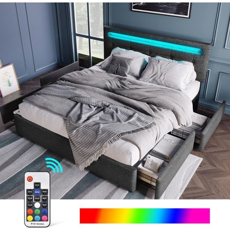 Cadre de lit avec éclairage LED et 4 tiroirs, lit double capitonné 140x200cm, tête de lit réglable en hauteur, sommier à lattes en bois, gris (sans matelas) (1/5)