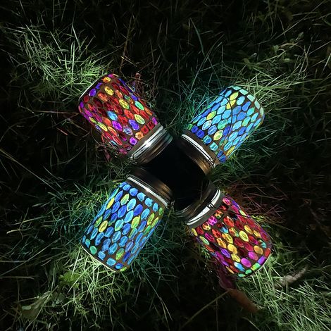 Juego de 4 lámparas solares de mosaico, faroles de vidrieras, decoración para jardín exterior. (1/5)